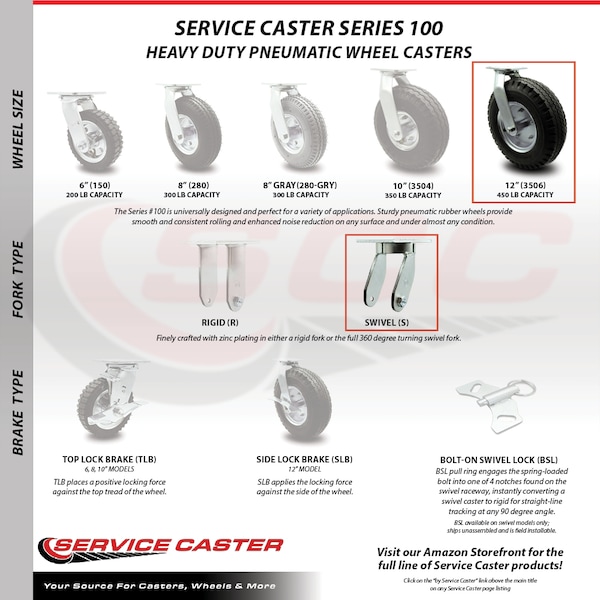 12 Inch Black Pneumatic Wheel Caster Swivel 2 Rigid, 2PK